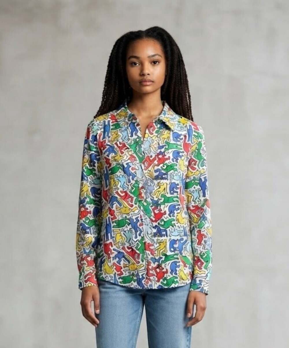 Alice + Olivia x Keith Haring Silk Shirt Blouse Multi Color Pop Art XS